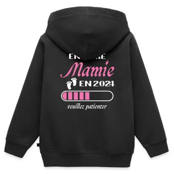 Encore Mamie 2024 Cadeau Future Grand Mère - Sweat Premium à capuche zippé enfant bio - noir - Dos - AI Model Kid Male (0cm)