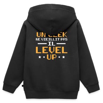 Ein Geek wird nicht alt, er steigt auf - Kinder Premium Organic Zip Hoodie - Schwarz - Hinten - AI Model Kid Male (0cm)