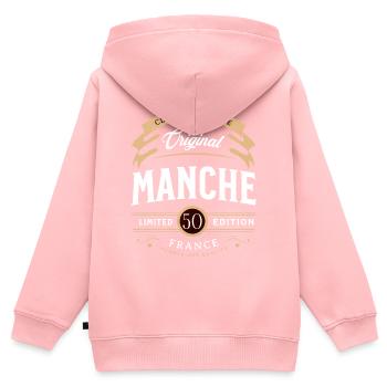 Vintage Manche Département France - Sweat Premium à capuche zippé enfant bio - rose - Dos - AI Model Kid Female (0cm)