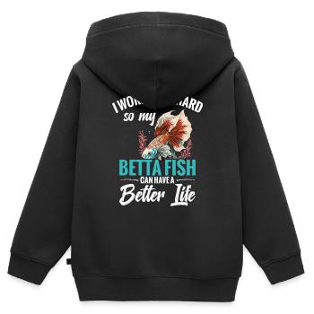Je travaille dur pour que mon poisson betta - Sweat Premium à capuche zippé enfant bio - noir - Dos - AI Model Kid Male (0cm)