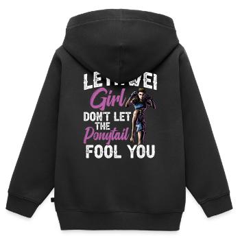 Lethwei Girl, Lass Dich Nicht Vom Pferdeschwanz - Kinder Premium Organic Zip Hoodie - Schwarz - Hinten - AI Model Kid Male (0cm)