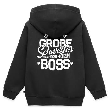 Grossesse de naissance grande soeur patron enfant - Sweat Premium à capuche zippé enfant bio - noir - Dos - AI Model Kid Male (0cm)