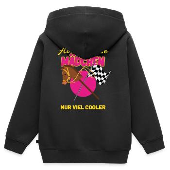 Hobby Horse Mädchen mit Steckenpferd & Zielflagge - Kinder Premium Organic Zip Hoodie - Schwarz - Hinten - AI Model Kid Male (0cm)