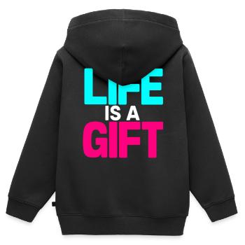 Das Leben ist ein Geschenk Cyan und Magenta - Kinder Premium Organic Zip Hoodie - Schwarz - Hinten - AI Model Kid Male (0cm)