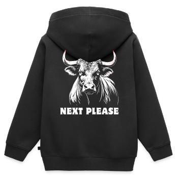Stier - Next please - stolz, selbstbewusst - Kinder Premium Organic Zip Hoodie - Schwarz - Hinten - AI Model Kid Male (0cm)