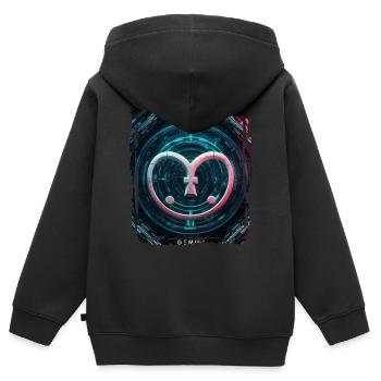Signe du zodiaque Gémeaux à l’ère cyberpunk Avenir - Sweat Premium à capuche zippé enfant bio - noir - Dos - AI Model Kid Male (0cm)
