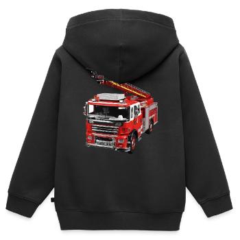 Camion de pompiers avec échelle tournante | Motif de camion de pompiers - Sweat Premium à capuche zippé enfant bio - noir - Dos - AI Model Kid Male (0cm)