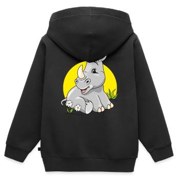 Niedliches, schüchternes Baby-Nashorn, das auf Rasen mit Kamille sitzt - Kinder Premium Organic Zip Hoodie - Schwarz - Hinten - AI Model Kid Male (0cm)
