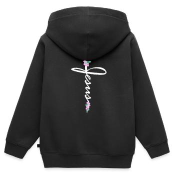 Jesus Kreuz Schriftzug Mit Blumen - Kinder Premium Organic Zip Hoodie - Schwarz - Hinten - AI Model Kid Male (0cm)