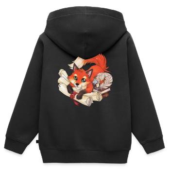 Fuchs mit Büchern und Schriftrollen, Tinte Lesen - Kinder Premium Organic Zip Hoodie - Schwarz - Hinten - AI Model Kid Male (0cm)