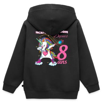 Anniversaire 8 ans Licorne Petite Fille - Sweat Premium à capuche zippé enfant bio - noir - Dos - AI Model Kid Male (0cm)