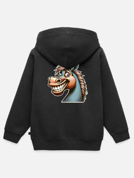 Cavallo Ghigno Divertente - Felpa Premium con cappuccio con zip bambino bio - nero