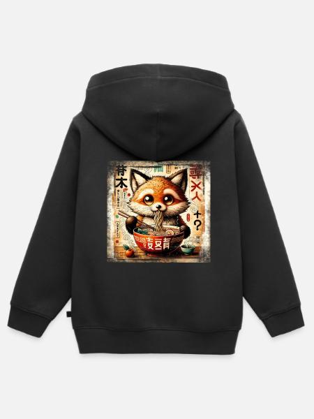 Ramen Fox Grunge Poster Style - Kids Premium Organic Zip-up Hoodie - black