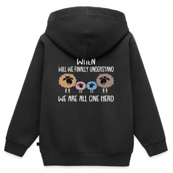 Wann bekommen wir es? Wir sind eine Herde - Kinder Premium Organic Zip Hoodie - Schwarz - Hinten - AI Model Kid Male (0cm)