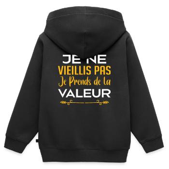 Je ne vieillis pas, je prends de la valeur - Sweat Premium à capuche zippé enfant bio - noir - Dos - AI Model Kid Male (0cm)