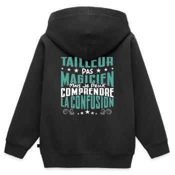 Je Suis Tailleur Pas Magicien - Sweat Premium à capuche zippé enfant bio - noir - Dos - AI Model Kid Male (0cm)