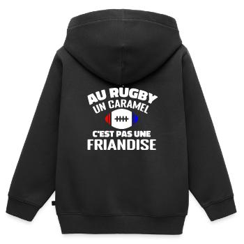 Au Rugby Un Caramel C'est Pas Une Friandise, rugby - Sweat Premium à capuche zippé enfant bio - noir - Dos - AI Model Kid Male (0cm)