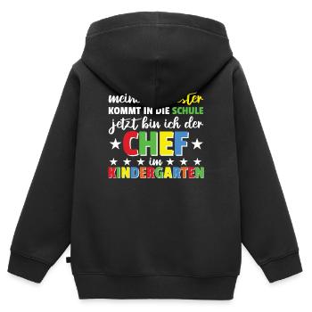 Meine Schwester kommt in die Schule jetzt bin ich - Kinder Premium Organic Zip Hoodie - Schwarz - Hinten - AI Model Kid Male (0cm)