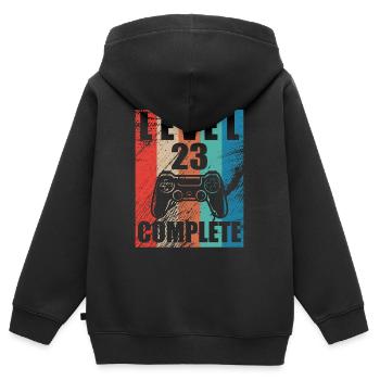 Level 23 abgeschlossen - Kinder Premium Organic Zip Hoodie - Schwarz - Hinten - AI Model Kid Male (0cm)