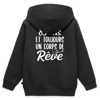 85 ans et toujours un corps de rêve - Cadeau 85ans - Sweat Premium à capuche zippé enfant bio - noir - Dos - AI Model Kid Male (0cm)