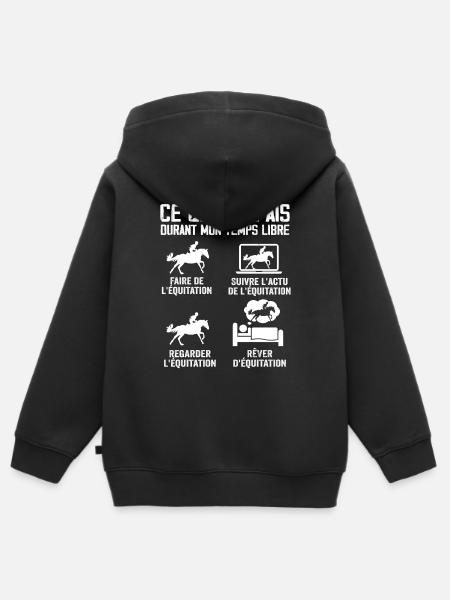 équitation - Cheval Femme - Cadeau équitation - Sweat Premium à capuche zippé enfant bio - noir