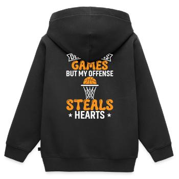 Die Defensive gewinnt Spiele, aber meine Offensive stiehlt Herzen. - Kinder Premium Organic Zip Hoodie - Schwarz - Hinten - AI Model Kid Male (0cm)