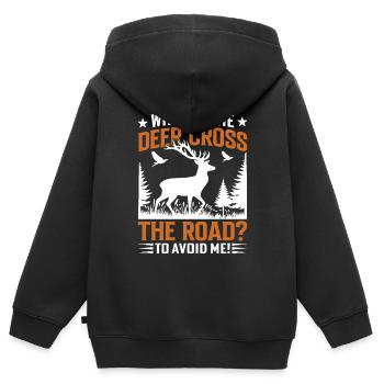 Pourquoi le cerf a-t-il traversé la route ? Pour m’éviter ! - Sweat Premium à capuche zippé enfant bio - noir - Dos - AI Model Kid Male (0cm)