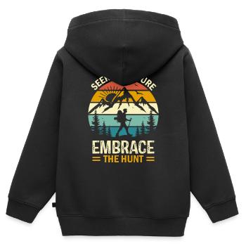 Suchen Sie das Abenteuer, gehen Sie auf die Jagd. - Kinder Premium Organic Zip Hoodie - Schwarz - Hinten - AI Model Kid Male (0cm)