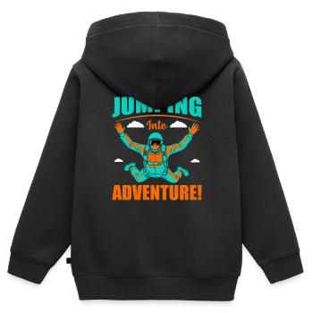Stürze dich ins Abenteuer! - Kinder Premium Organic Zip Hoodie - Schwarz - Hinten - AI Model Kid Male (0cm)