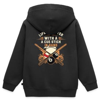 Das Leben ist besser, wenn man einen Queue in der Hand hat. - Kinder Premium Organic Zip Hoodie - Schwarz - Hinten - AI Model Kid Male (0cm)