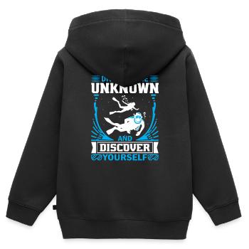 Plongez dans l’inconnu et découvrez-vous. - Sweat Premium à capuche zippé enfant bio - noir - Dos - AI Model Kid Male (0cm)