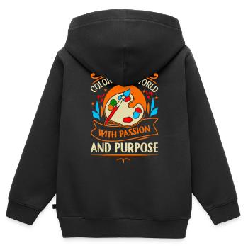 Färben Sie Ihre Welt mit Leidenschaft und Zielstrebigkeit. - Kinder Premium Organic Zip Hoodie - Schwarz - Hinten - AI Model Kid Male (0cm)