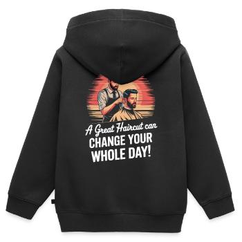 Ein toller Haarschnitt kann Ihren ganzen Tag verändern! - Kinder Premium Organic Zip Hoodie - Schwarz - Hinten - AI Model Kid Male (0cm)