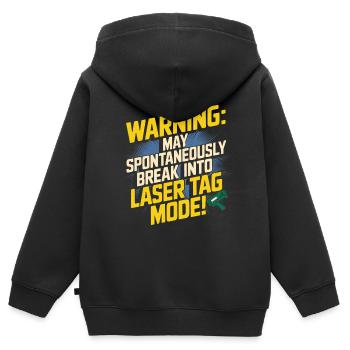 Warnung: Kann spontan in Lasertag einbrechen - Kinder Premium Organic Zip Hoodie - Schwarz - Hinten - AI Model Kid Male (0cm)