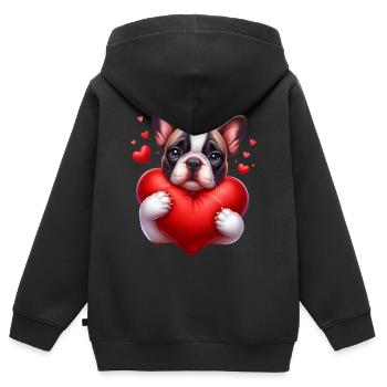 Mignon Frenchie étreignant un oreiller en forme de cœur - Sweat Premium à capuche zippé enfant bio - noir - Dos - AI Model Kid Male (0cm)