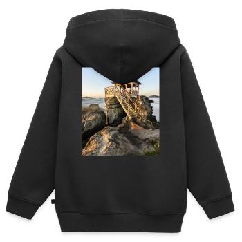 Hütte mit Aussicht - Kinder Premium Organic Zip Hoodie - Schwarz - Hinten - AI Model Kid Male (0cm)