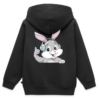 Lapin souriant et satisfait dans les écouteurs - Sweat Premium à capuche zippé enfant bio - noir - Dos - AI Model Kid Male (0cm)