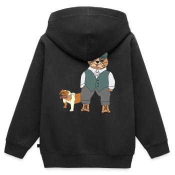 Chat élégant avec bouledogue anglais - Sweat Premium à capuche zippé enfant bio - noir - Dos - AI Model Kid Male (0cm)