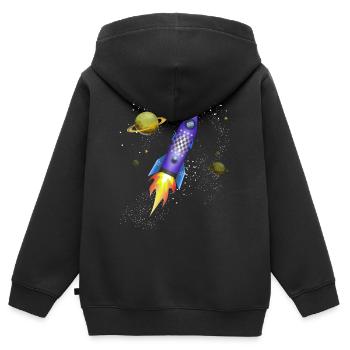 Fusée dans l'espace - Sweat Premium à capuche zippé enfant bio - noir - Dos - AI Model Kid Male (0cm)