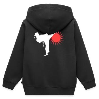 Silhouette de coup de pied de karaté avec soleil rouge - Sweat Premium à capuche zippé enfant bio - noir - Dos - AI Model Kid Male (0cm)