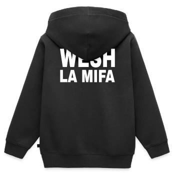 Artistic expression of the committed Mifa - Kids Premium Organic Zip-up Hoodie - black - Back - AI Model Kid Male (0cm)