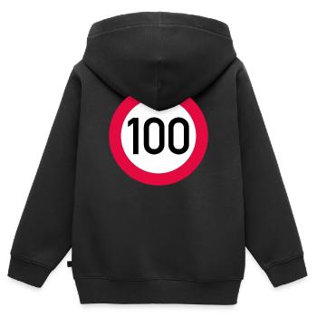 100e anniversaire attention ! Panneau de signalisation 100 km/h - Sweat Premium à capuche zippé enfant bio - noir - Dos - AI Model Kid Male (0cm)