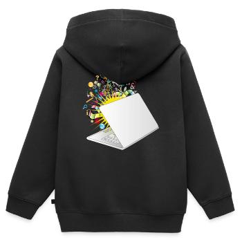 Un ordinateur portable à moitié ouvert avec beaucoup de symboles - Sweat Premium à capuche zippé enfant bio - noir - Dos - AI Model Kid Male (0cm)