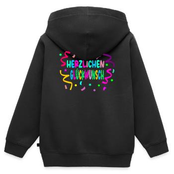 Félicitations - Confetti - Sweat Premium à capuche zippé enfant bio - noir - Dos - AI Model Kid Male (0cm)