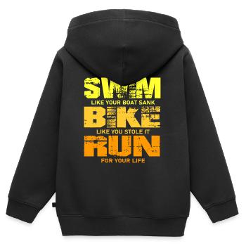 SWIM BIKE RUN - Kids Premium Organic Zip-up Hoodie - black - Back - AI Model Kid Male (0cm)