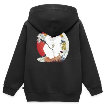 Chat samouraï assis sur le bois - Sweat Premium à capuche zippé enfant bio - noir - Dos - AI Model Kid Male (0cm)