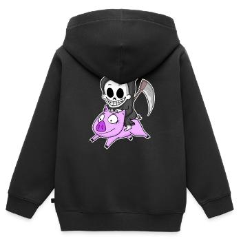 Sensenmann und Schwein - Kinder Premium Organic Zip Hoodie - Schwarz - Hinten - AI Model Kid Male (0cm)