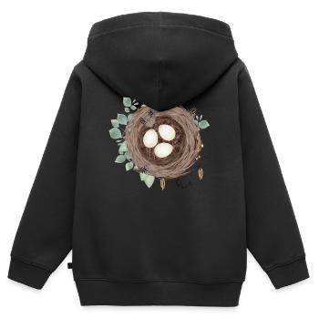 Nid d’oiseau ou nid de Pâques avec trois œufs et plumes - Sweat Premium à capuche zippé enfant bio - noir - Dos - AI Model Kid Male (0cm)
