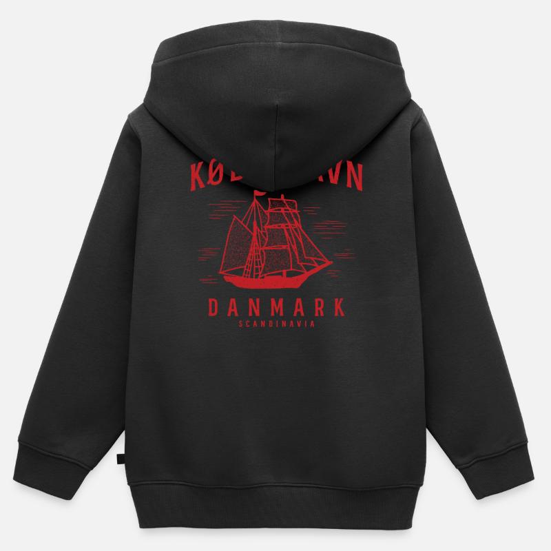 Style du voilier de Copenhague Scandinavia - Sweat Premium à capuche zippé enfant bio - noir