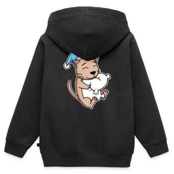 Chat avec bonnet de couchage et oreiller - Sweat Premium à capuche zippé enfant bio - noir - Dos - AI Model Kid Male (0cm)